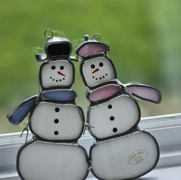 Stained Glass Snowman Suncatcher Window Ornament Snow People Husband And Wife - Picture 1 of 4